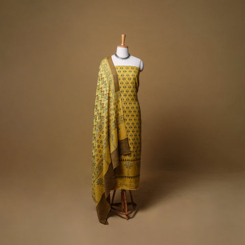 Woolen Ajrakh Hand Block Print Unstitched Dress Material: Kurta, Bottom with Dupatta 44