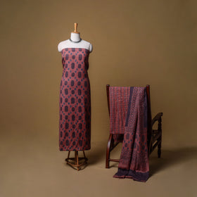 Woolen Ajrakh Hand Block Print Unstitched Dress Material: Kurta, Bottom with Dupatta 45