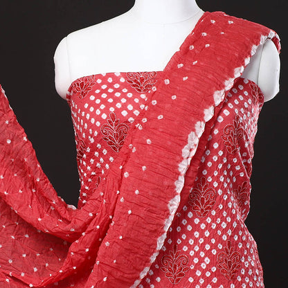 Red - 3pc Kutch Bandhani Tie-Dye Satin Cotton Suit Material Set