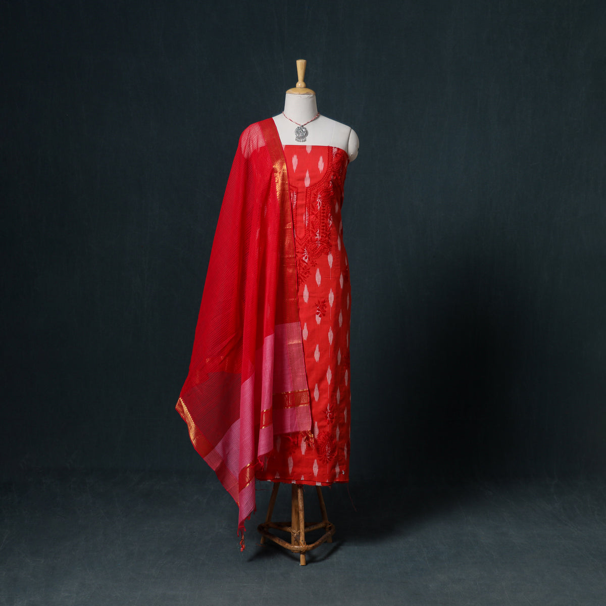Lucknowi Chikankari Hand Work Unstitched Dress Material: Kurta & Dupatta with Jewellery 61