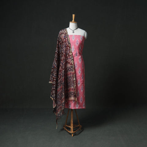 Pochampally Ikat Cotton Unstitched Dress Material: Kurta & Dupatta with Jewellery 25