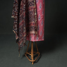Pochampally Ikat Cotton Unstitched Dress Material: Kurta & Dupatta with Jewellery 25