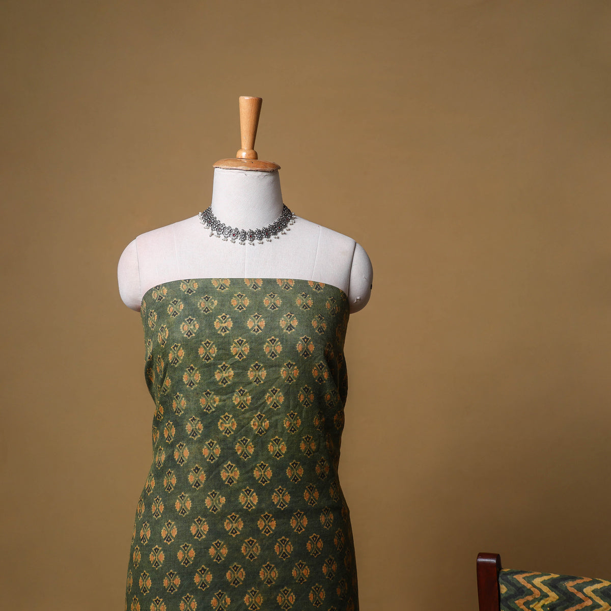 Woolen Ajrakh Hand Block Print Unstitched Dress Material: Kurta, Bottom with Dupatta 46
