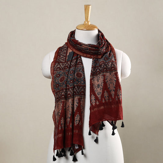 Red - Ajrakh Hand Block Printed Chanderi Silk Handloom Stole with Tassels