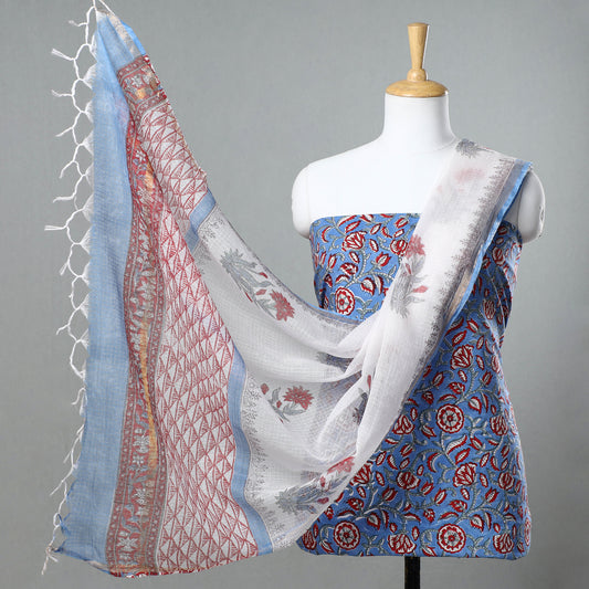 Blue - 3pc Sanganeri Block Printed Cotton Suit Material with Kota Doria Dupatta