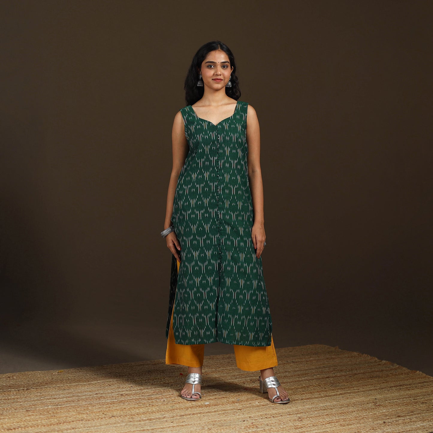 Pochampally Ikat Cotton Sleeveless Straight Long Kurta for Women 39