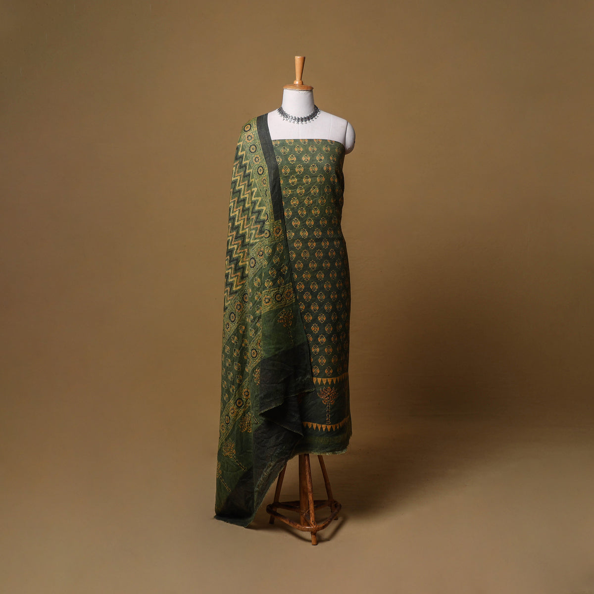 Woolen Ajrakh Hand Block Print Unstitched Dress Material: Kurta, Bottom with Dupatta 46