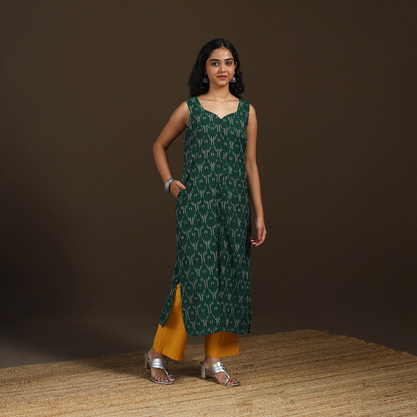 Pochampally Ikat Cotton Sleeveless Straight Long Kurta for Women 39