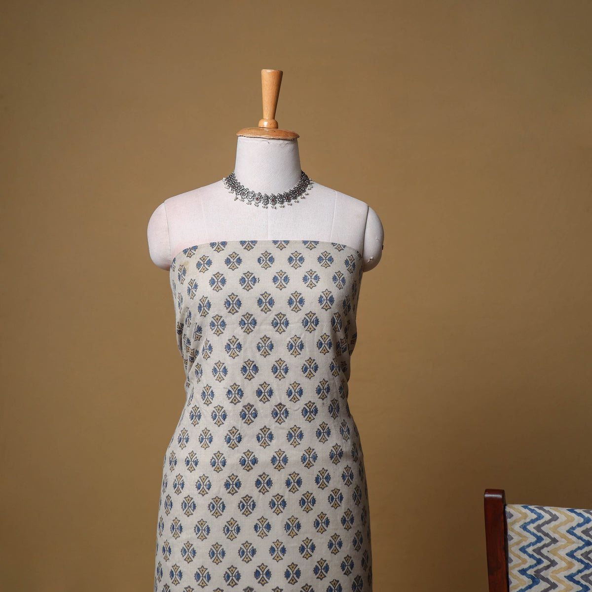 Woolen Ajrakh Hand Block Print Unstitched Dress Material: Kurta, Bottom with Dupatta 47