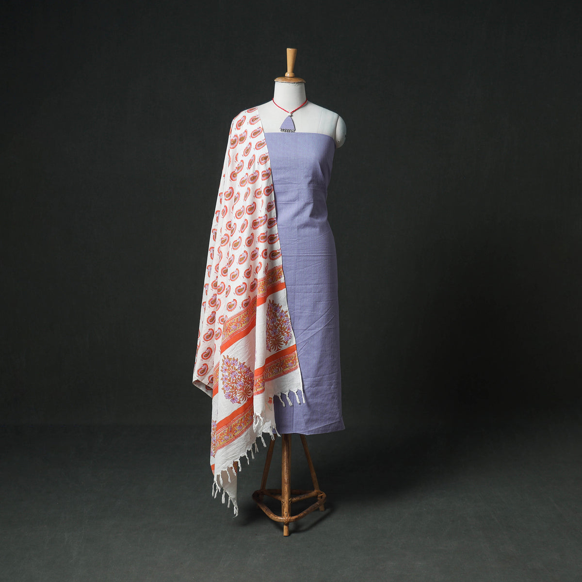 Plain Running Stitch Cotton Unstitched Dress Material: Kurta & Dupatta with Jewellery 27