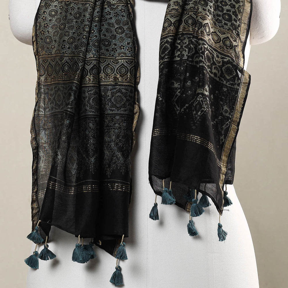 Black - Ajrakh Hand Block Printed Chanderi Silk Handloom Stole with Tassels