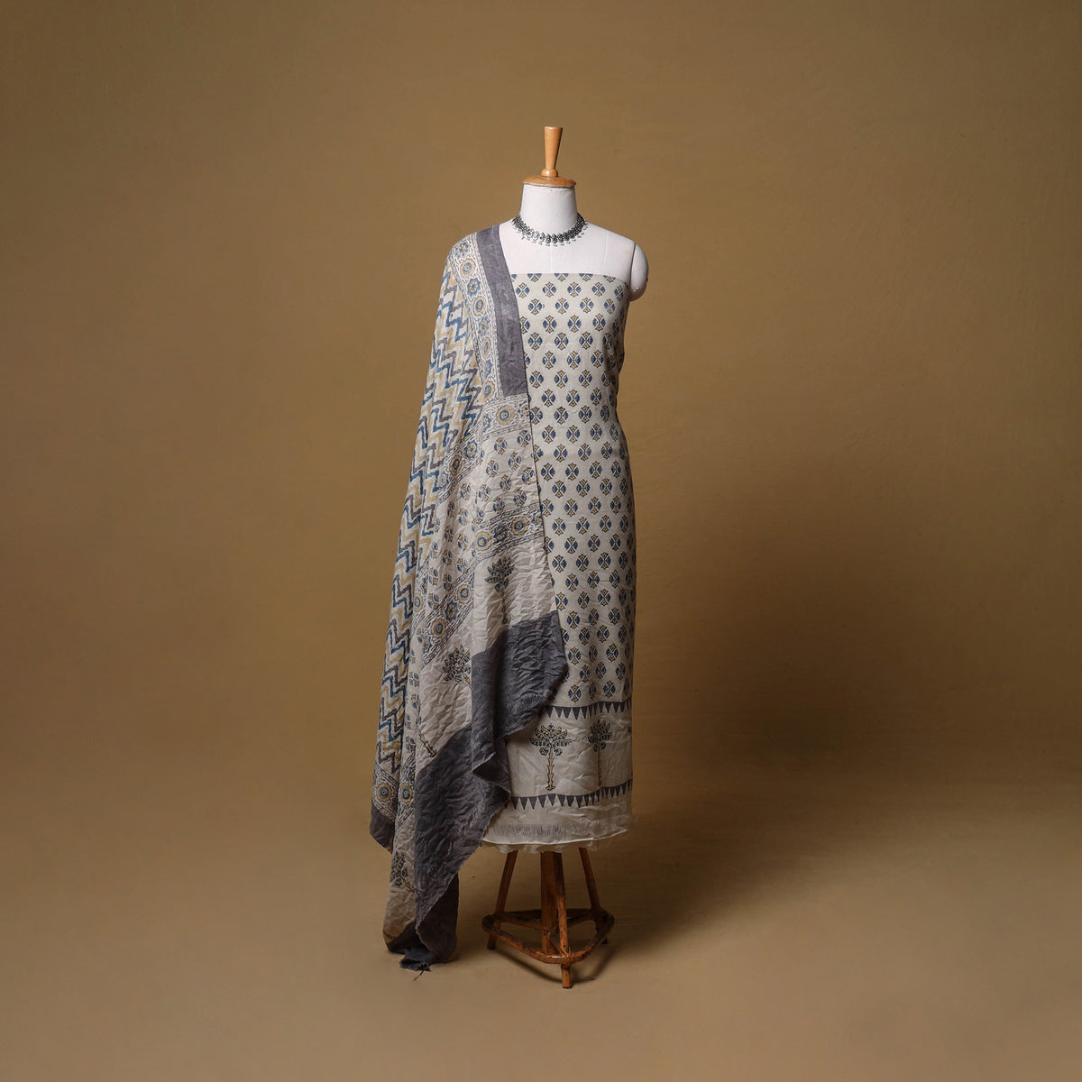 Woolen Ajrakh Hand Block Print Unstitched Dress Material: Kurta, Bottom with Dupatta 47