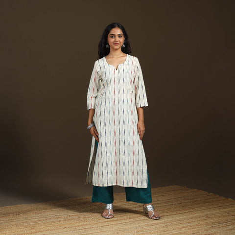 White - Pochampally Ikat Cotton Straight Long Kurta for Women 16