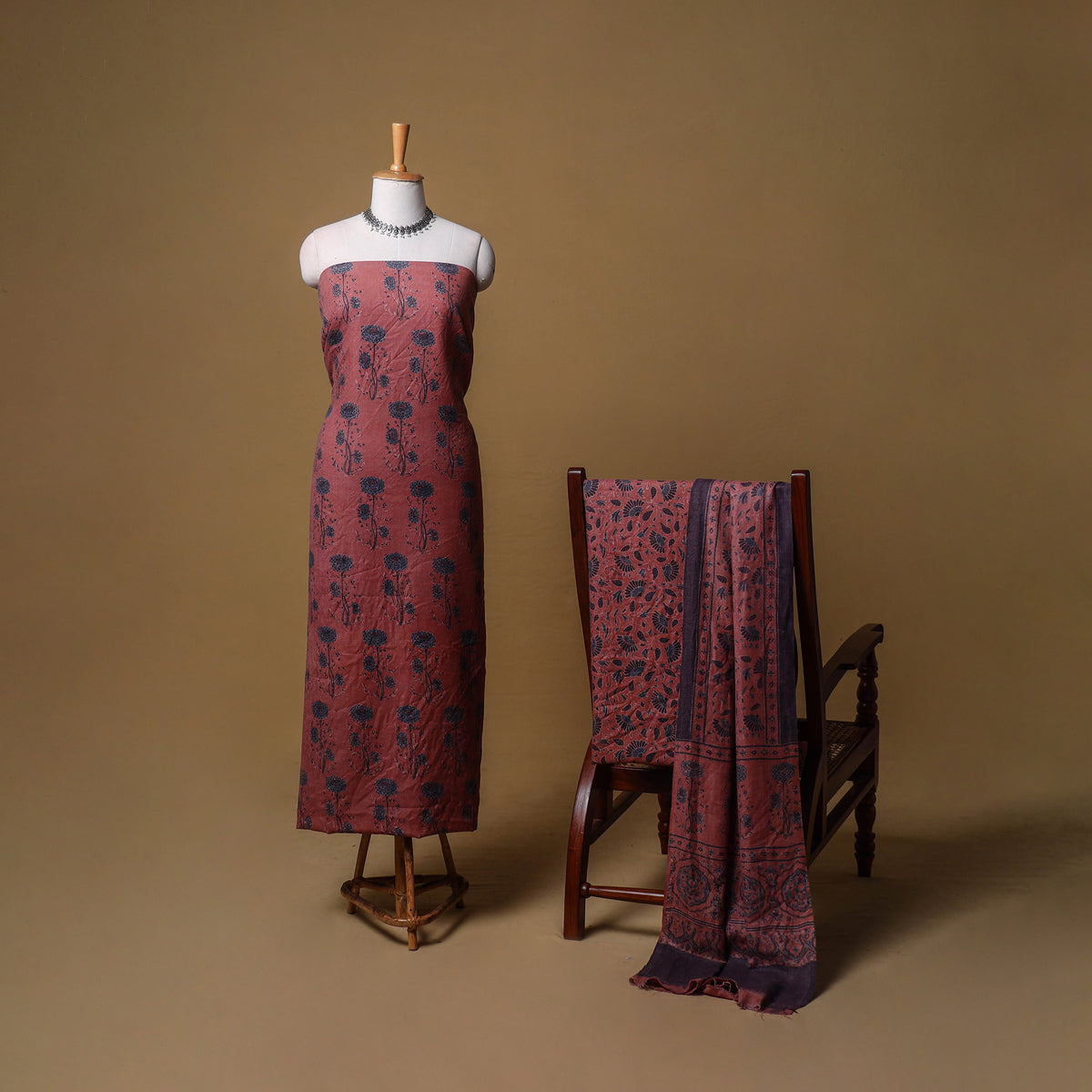 Woolen Ajrakh Hand Block Print Unstitched Dress Material: Kurta, Bottom with Dupatta 48