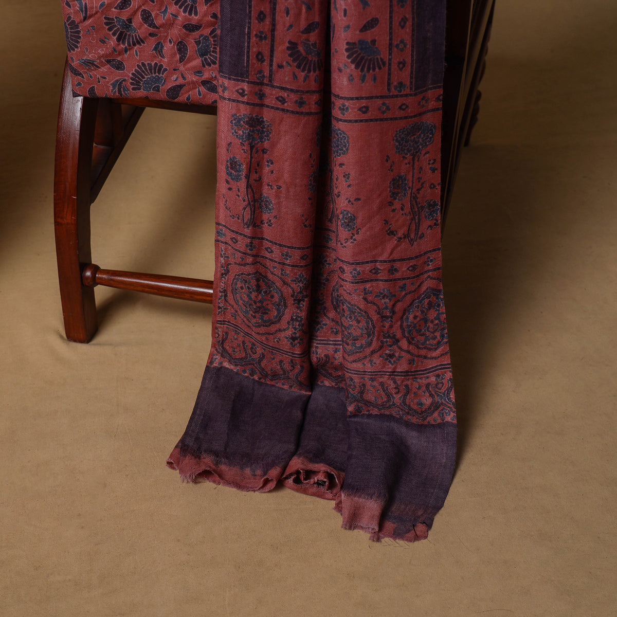 Woolen Ajrakh Hand Block Print Unstitched Dress Material: Kurta, Bottom with Dupatta 48
