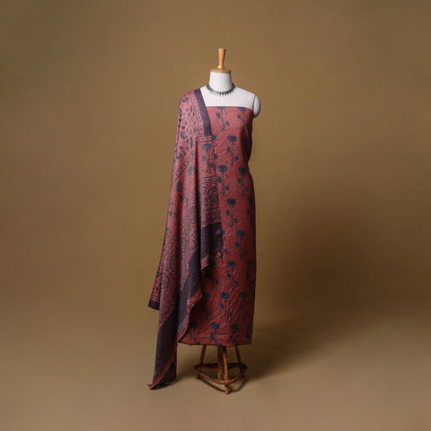 Woolen Ajrakh Hand Block Print Unstitched Dress Material: Kurta, Bottom with Dupatta 48