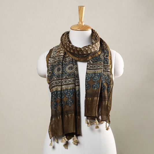 Brown - Ajrakh Hand Block Printed Chanderi Silk Handloom Stole with Tassels