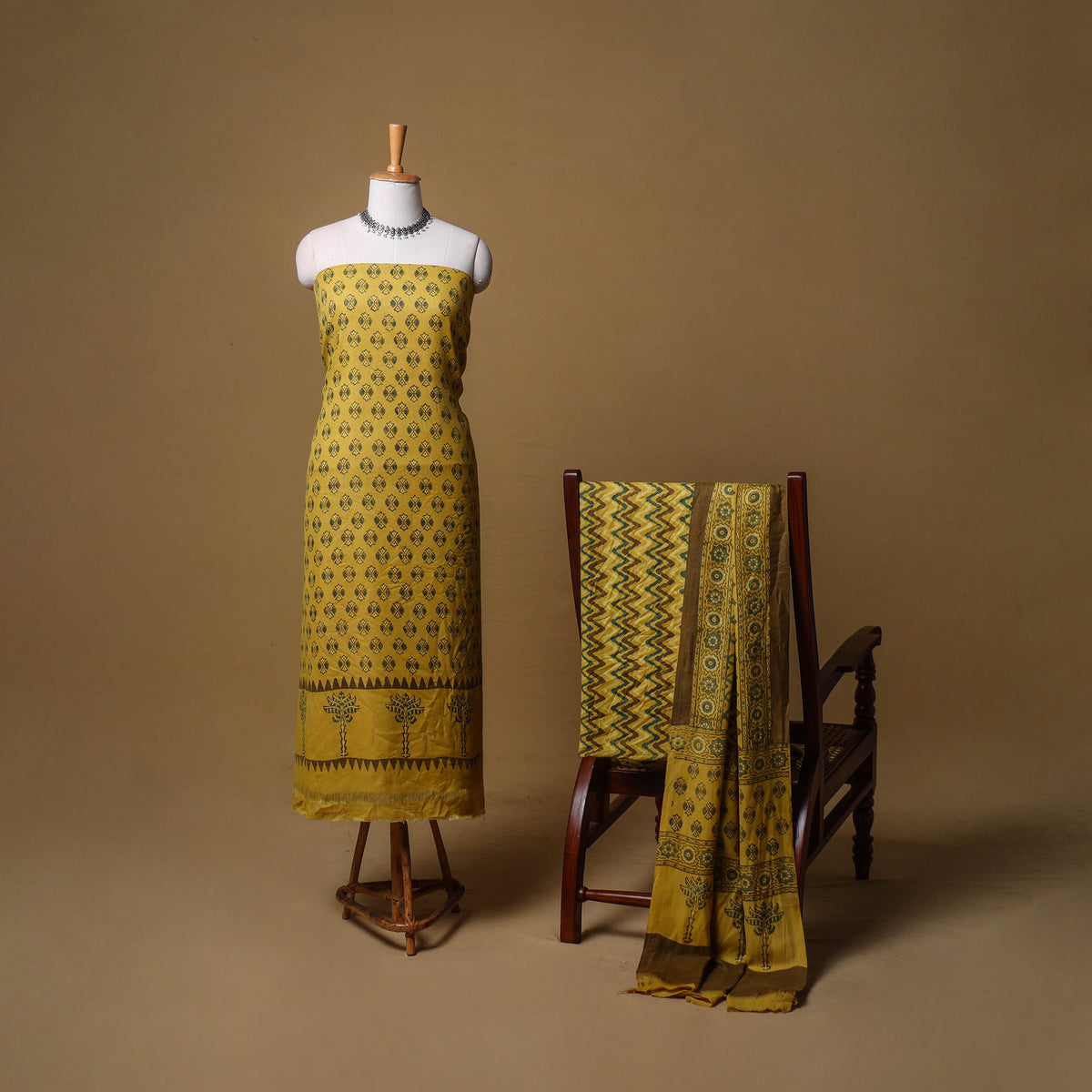 Woolen Ajrakh Hand Block Print Unstitched Dress Material: Kurta, Bottom with Dupatta 49