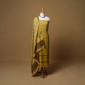 Yellow - Woolen Ajrakh Hand Block Print Unstitched Dress Material: Kurta, Bottom with Dupatta 49