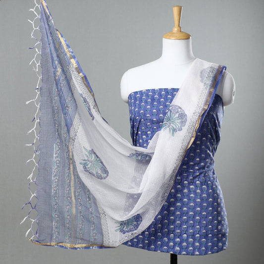 Blue - 3pc Sanganeri Block Printed Cotton Suit Material with Kota Doria Dupatta