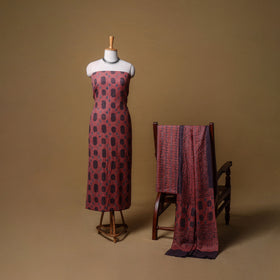 Woolen Ajrakh Hand Block Print Unstitched Dress Material: Kurta, Bottom with Dupatta 50