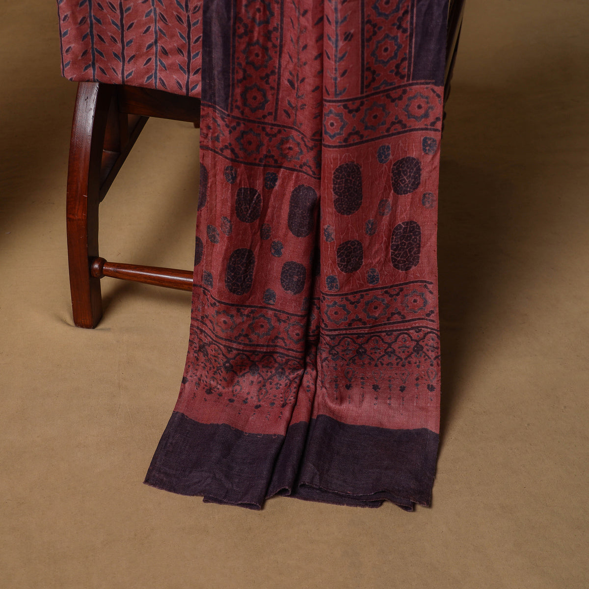 Woolen Ajrakh Hand Block Print Unstitched Dress Material: Kurta, Bottom with Dupatta 50