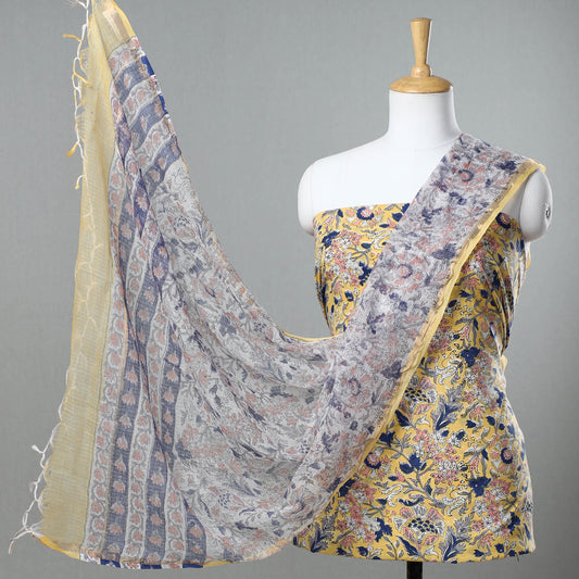 Yellow - 3pc Sanganeri Block Printed Cotton Suit Material with Kota Doria Dupatta