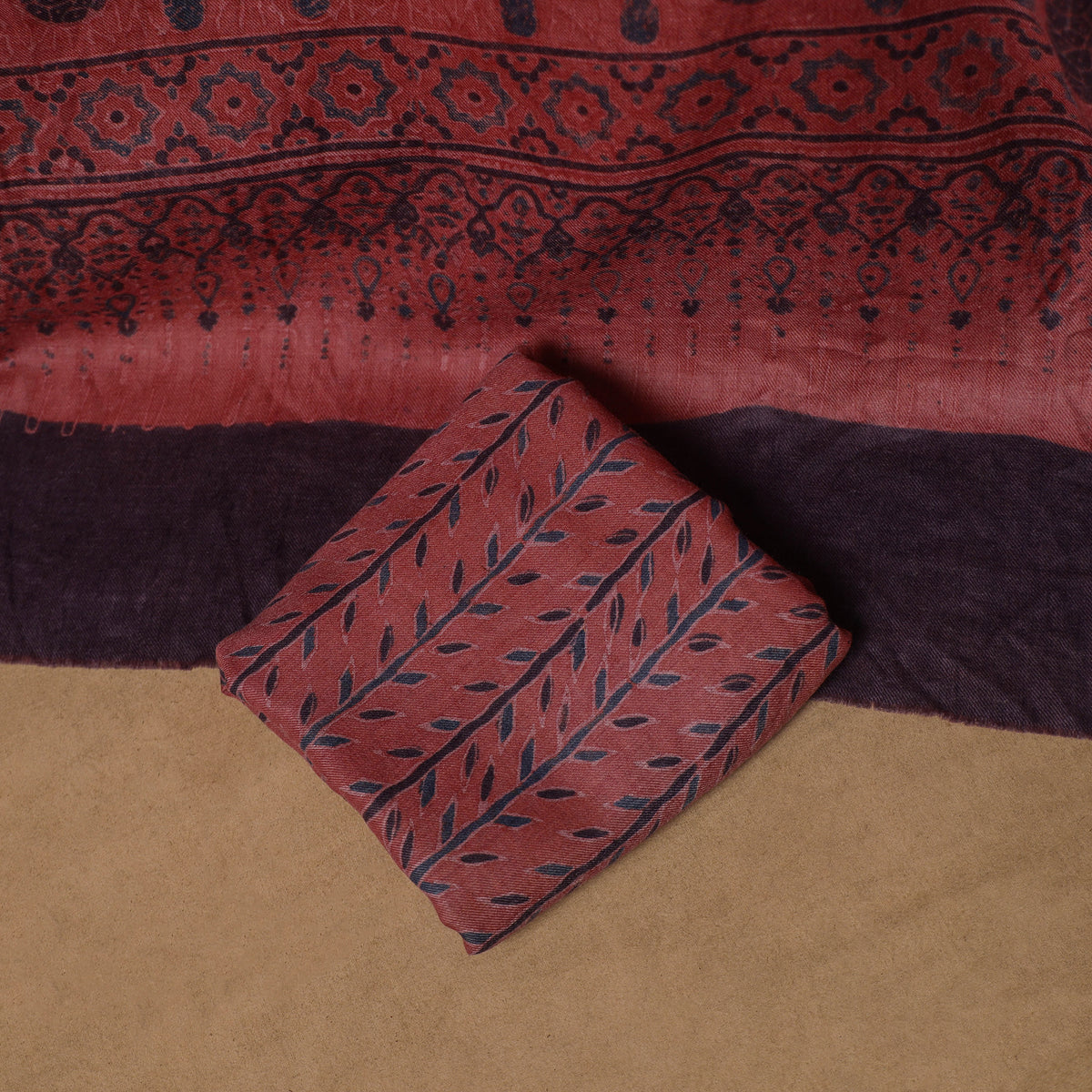 Woolen Ajrakh Hand Block Print Unstitched Dress Material: Kurta, Bottom with Dupatta 50
