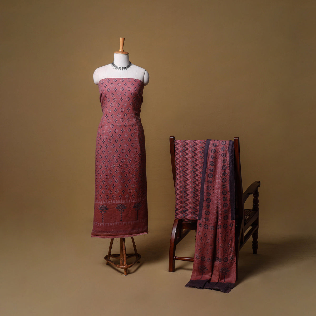 Woolen Ajrakh Hand Block Print Unstitched Dress Material: Kurta, Bottom with Dupatta 51