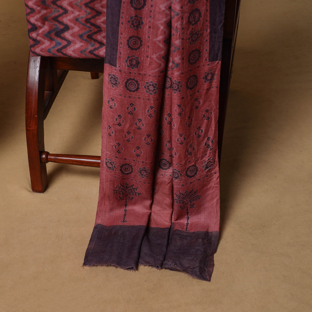 Woolen Ajrakh Hand Block Print Unstitched Dress Material: Kurta, Bottom with Dupatta 51
