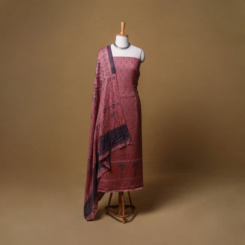 Woolen Ajrakh Hand Block Print Unstitched Dress Material: Kurta, Bottom with Dupatta 51
