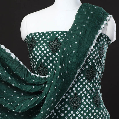 Green - 3pc Kutch Bandhani Tie-Dye Satin Cotton Suit Material Set