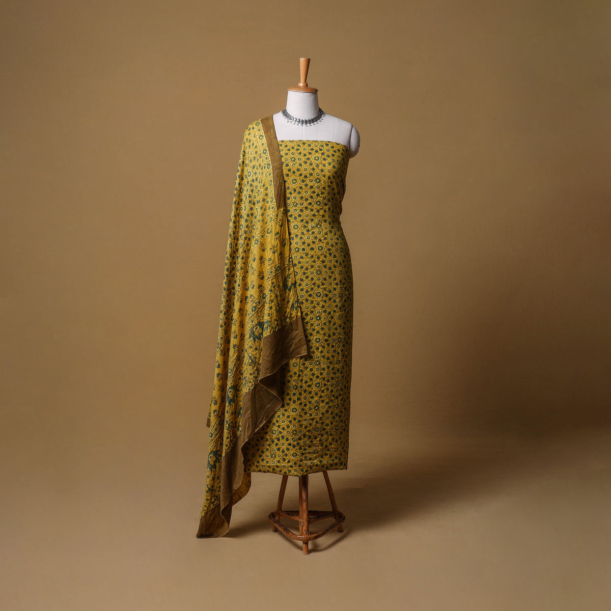 Woolen Ajrakh Hand Block Print Unstitched Dress Material: Kurta with Dupatta 52