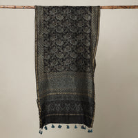 Black - Ajrakh Hand Block Printed Chanderi Silk Handloom Stole with Tassels