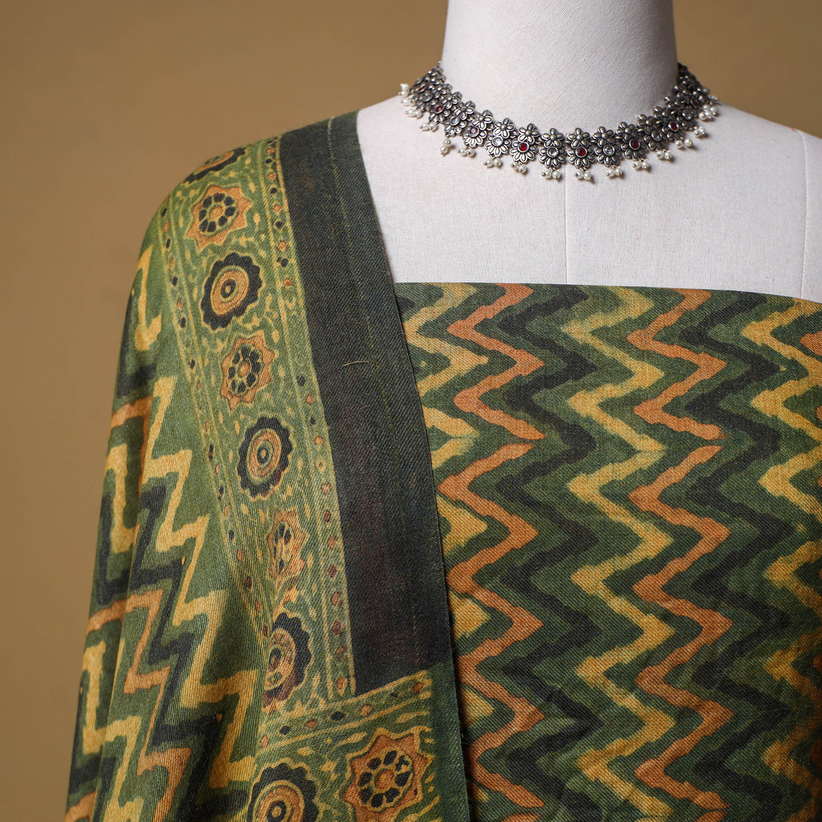 Woolen Ajrakh Hand Block Print Unstitched Dress Material: Kurta with Dupatta 53