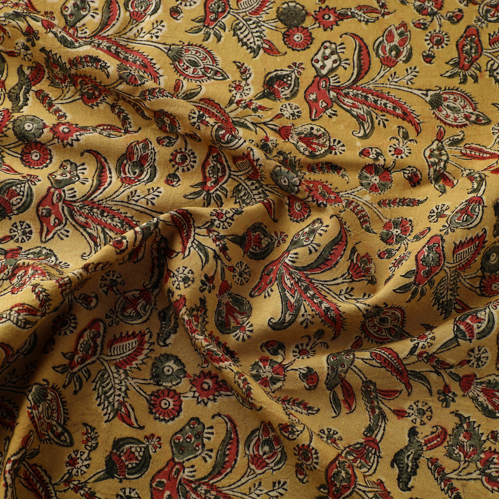 Yellow - Block Print Cotton Pedana Kalamkari Fabric 10