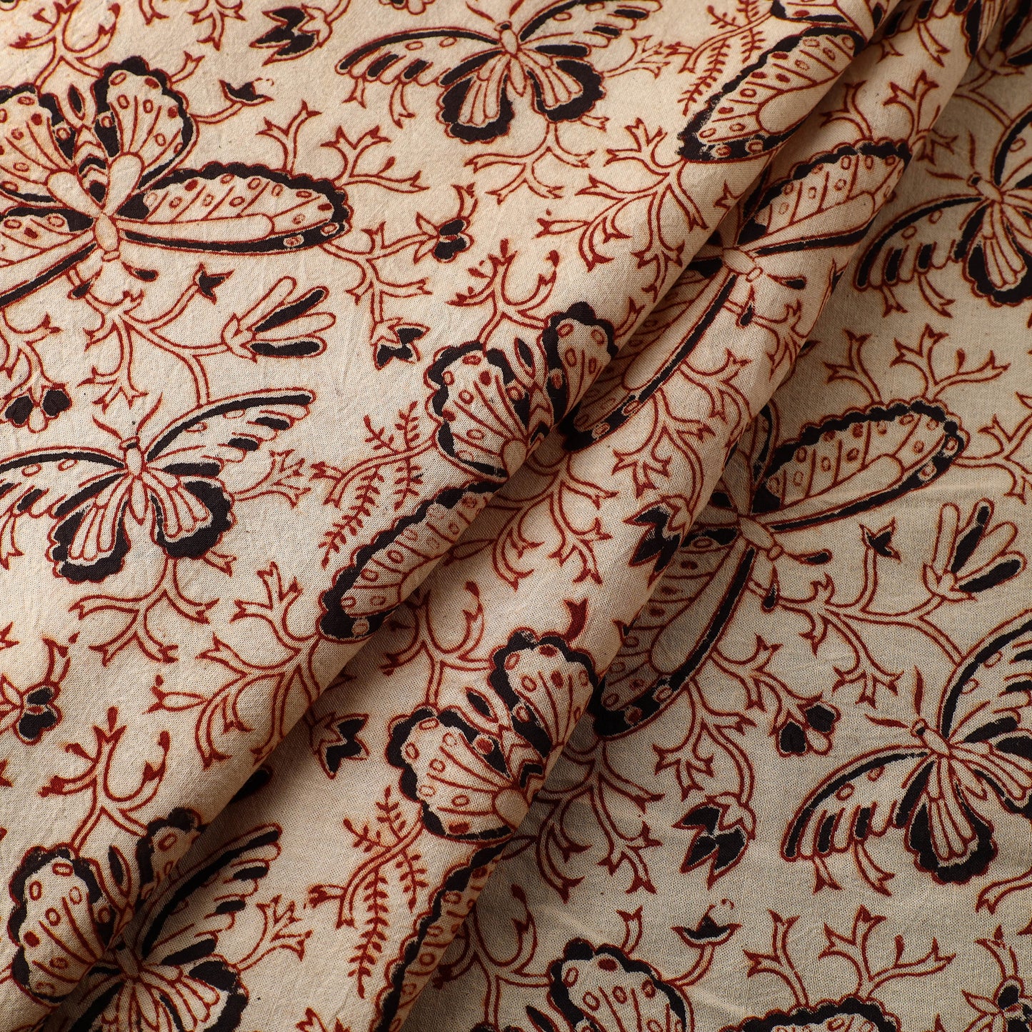 Beige - Block Print Cotton Pedana Kalamkari Fabric 12