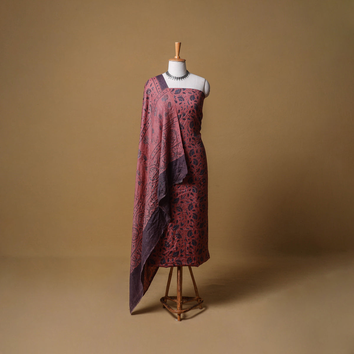 Woolen Ajrakh Hand Block Print Unstitched Dress Material: Kurta with Dupatta 54