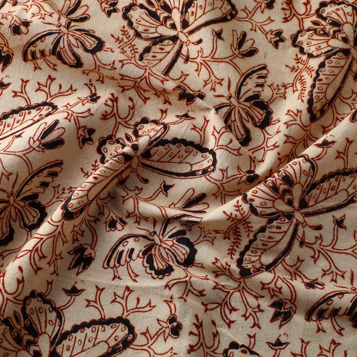 Beige - Block Print Cotton Pedana Kalamkari Fabric 12