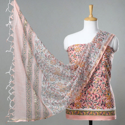 Peach - 3pc Sanganeri Block Printed Cotton Suit Material with Kota Doria Dupatta