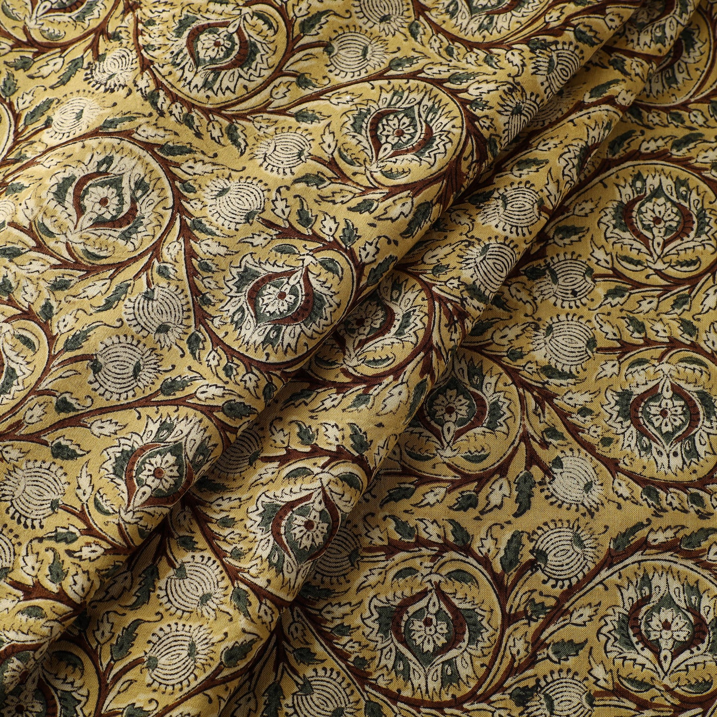 Yellow - Block Print Cotton Pedana Kalamkari Fabric 14