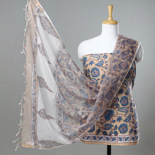 Brown - 3pc Sanganeri Block Printed Cotton Suit Material with Kota Doria Dupatta