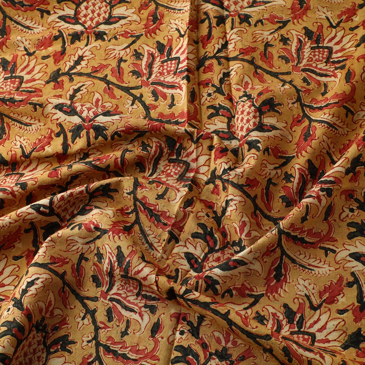 Yellow - Block Print Cotton Pedana Kalamkari Fabric 16