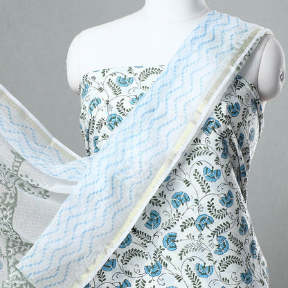 White - 3pc Sanganeri Block Printed Cotton Suit Material with Kota Doria Dupatta