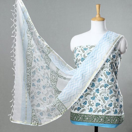 White - 3pc Sanganeri Block Printed Cotton Suit Material with Kota Doria Dupatta