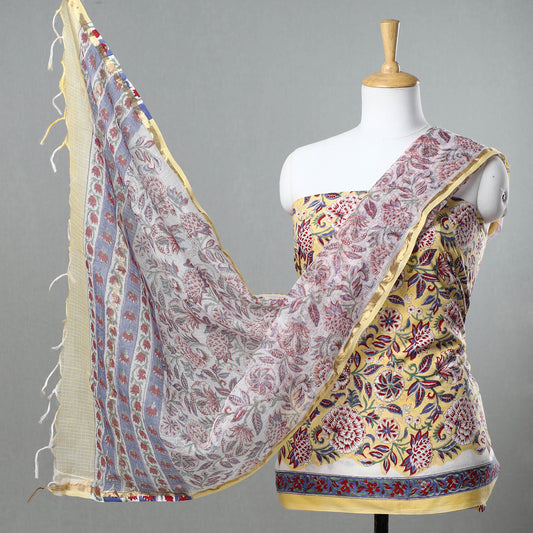 Yellow - 3pc Sanganeri Block Printed Cotton Suit Material with Kota Doria Dupatta