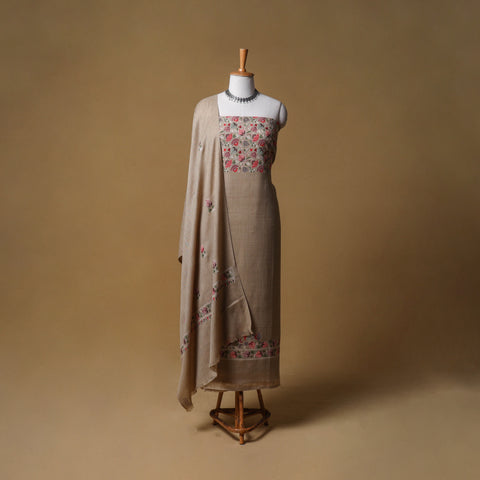 Woolen Embroidered Unstitched Dress Material: Kurta, Bottom & Dupatta 08