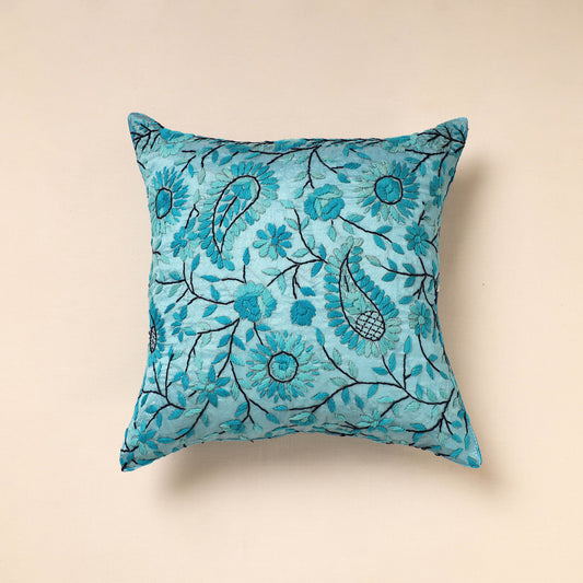 Blue - Phulkari Hand Embroidery Chanderi Silk Cushion Cover (16 x 16 in)