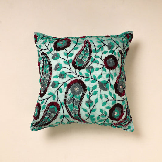 Green - Phulkari Hand Embroidery Chanderi Silk Cushion Cover (16 x 16 in)