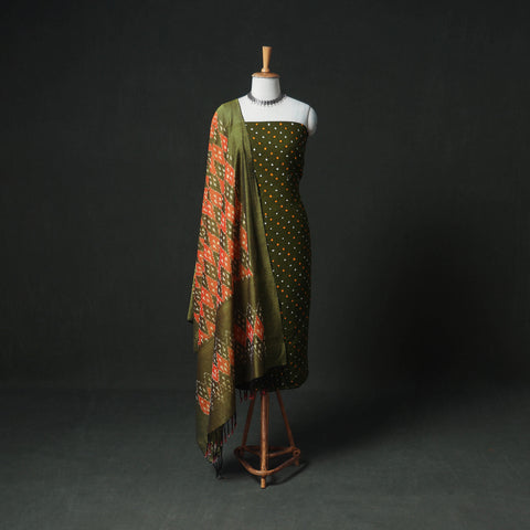 Bandhani Cotton Unstitched Dress Material: Kurta & Dupatta with Earrings 43
